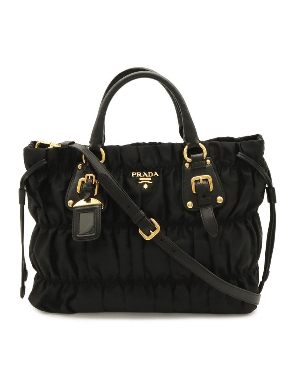 Prada Tessuto Gathered Tote 2-Way Shoulder Bag Crossbody Nylon Nero Black Gold